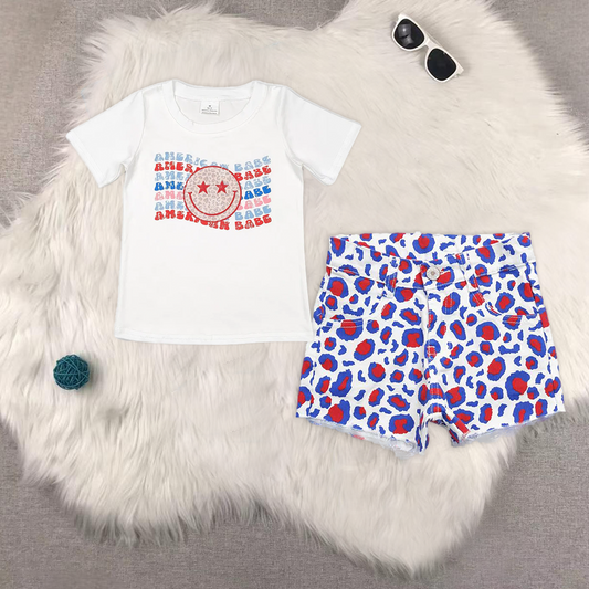 RTS NO MOQ GT0502+SS0167 Girls National Day BABE white short-sleeved top Red and blue leopard print denim shorts