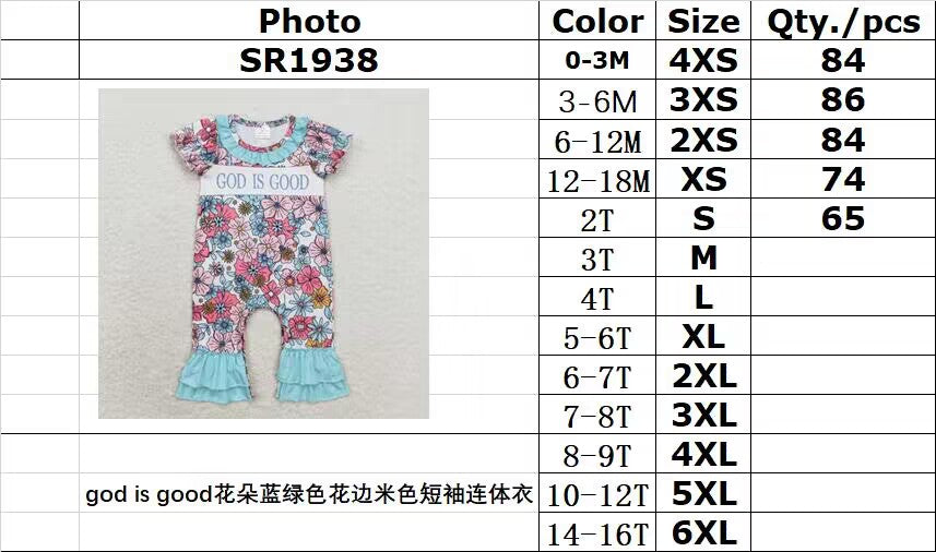 RTS no moq SR1938 God is good flower blue-green lace beige short-sleeved jumpsuit