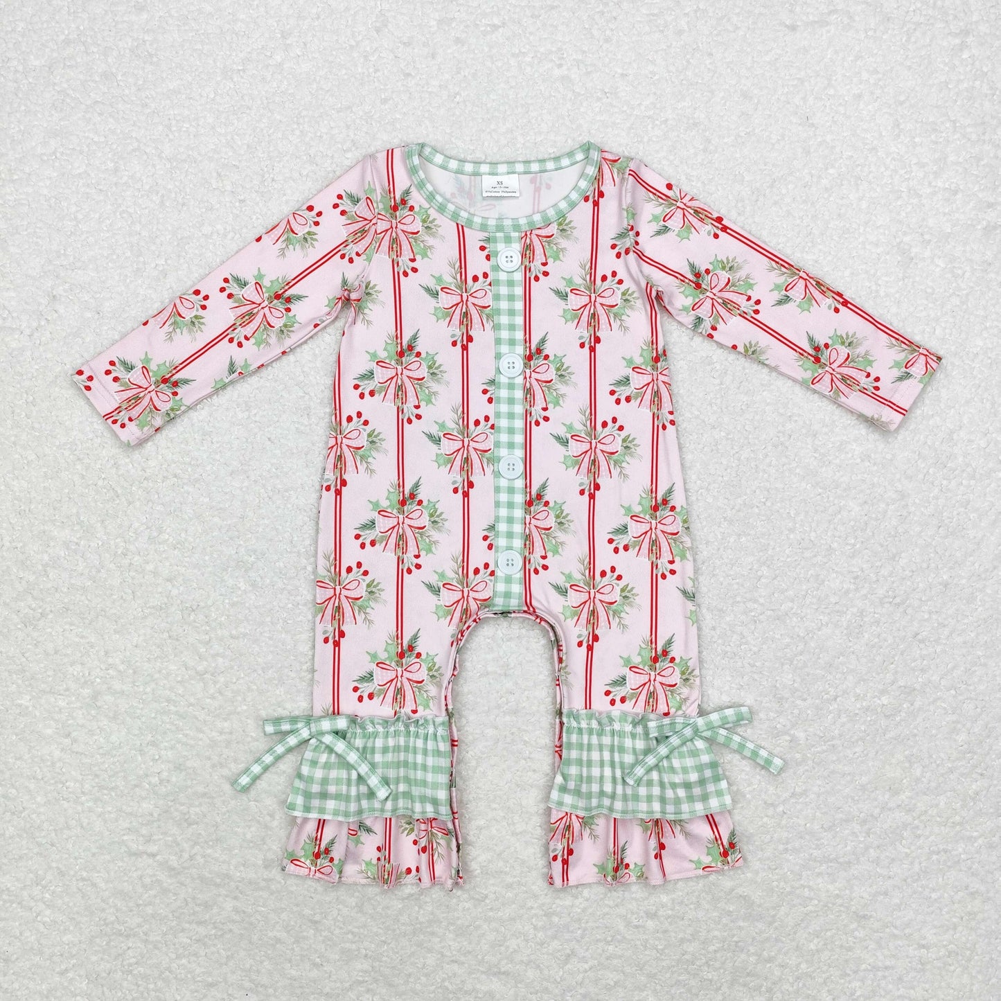 rts no moq LR1544 Christmas bow pattern green plaid lace pink button long-sleeved jumpsuit