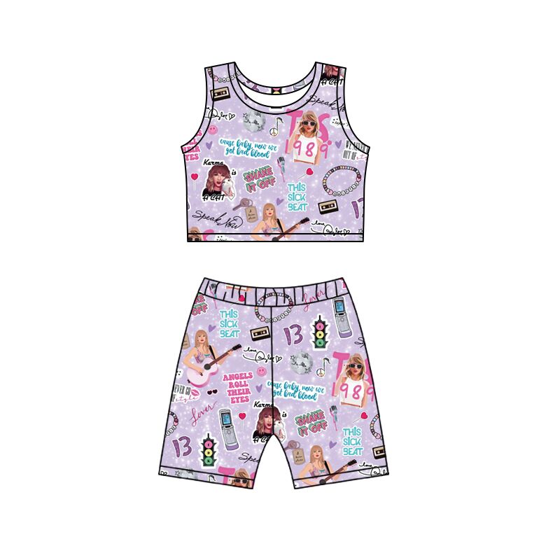 purple taylor swift Girls Short Sleeve swim Shorts Set moq  3 mix size custom eta 6-7week