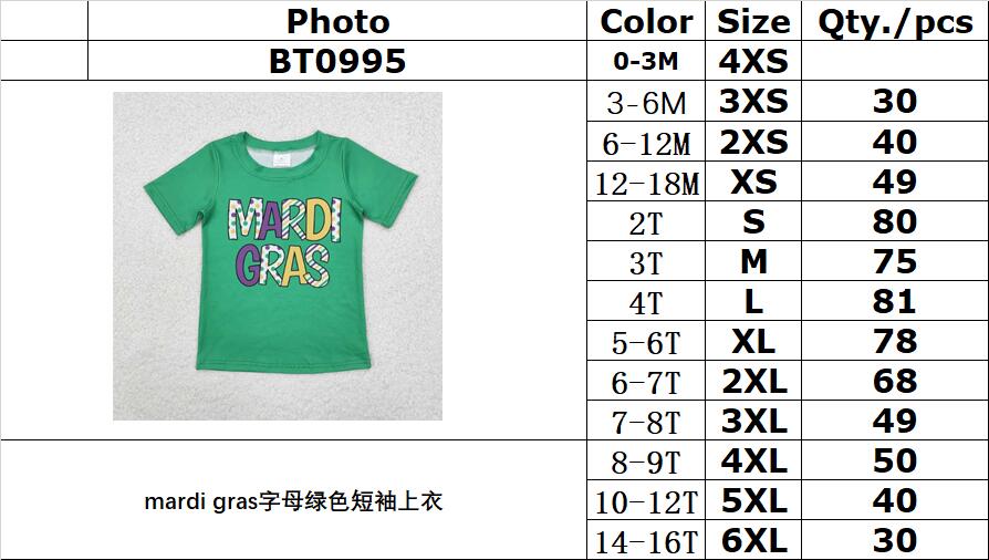 RTS NO MOQ ETA 5/7days Arrived BT0995 mardi gras letter green short sleeve top