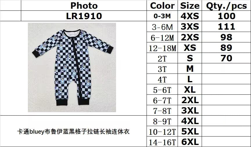 RTS NO MOQ ETA 5/7days LR1910 Cartoon bluey bluey blue black plaid zipper long sleeve jumpsuit