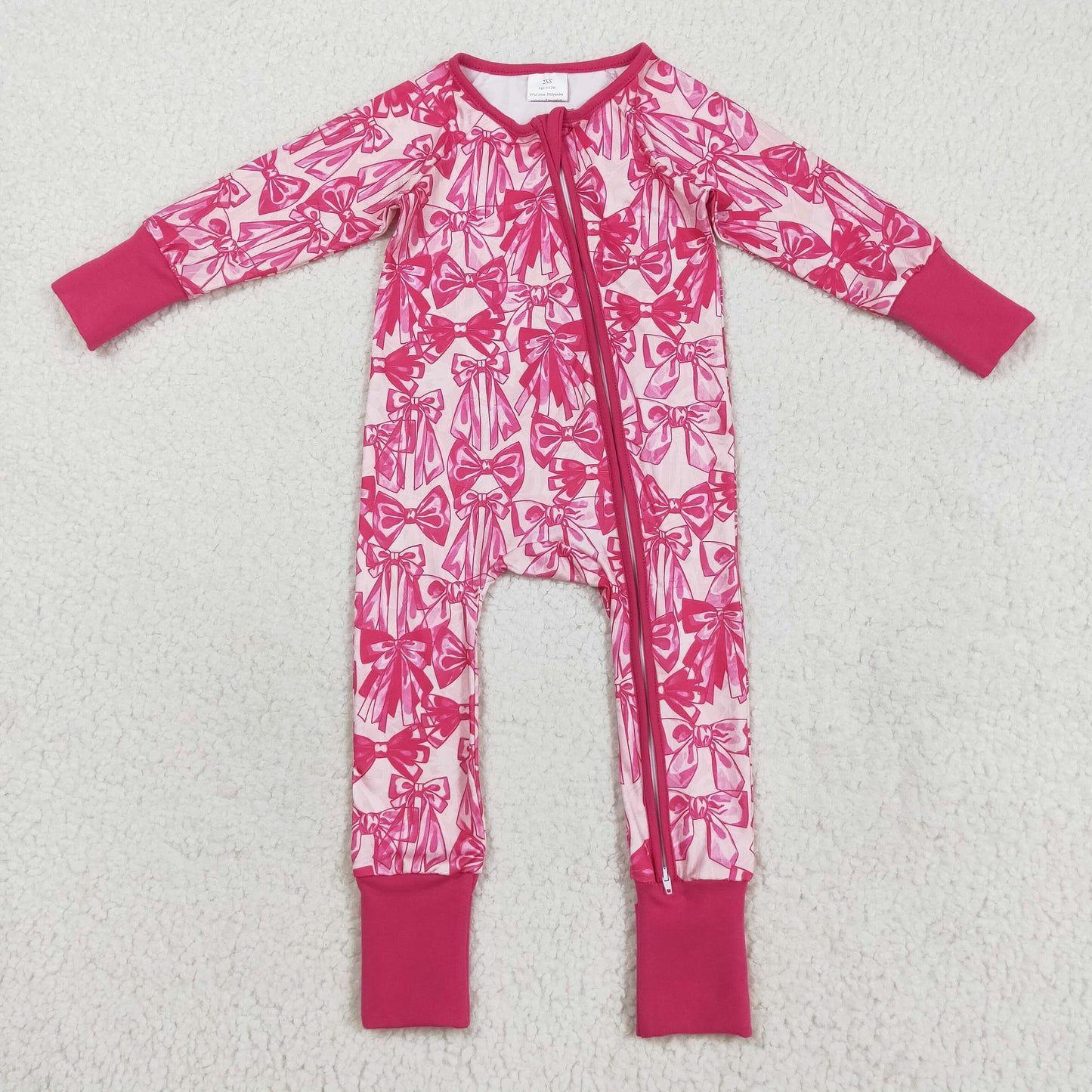 RTS NO MOQ（In Stock) LR2365 Rose Red Bow Pattern Zippered Long Sleeve Bodysuit