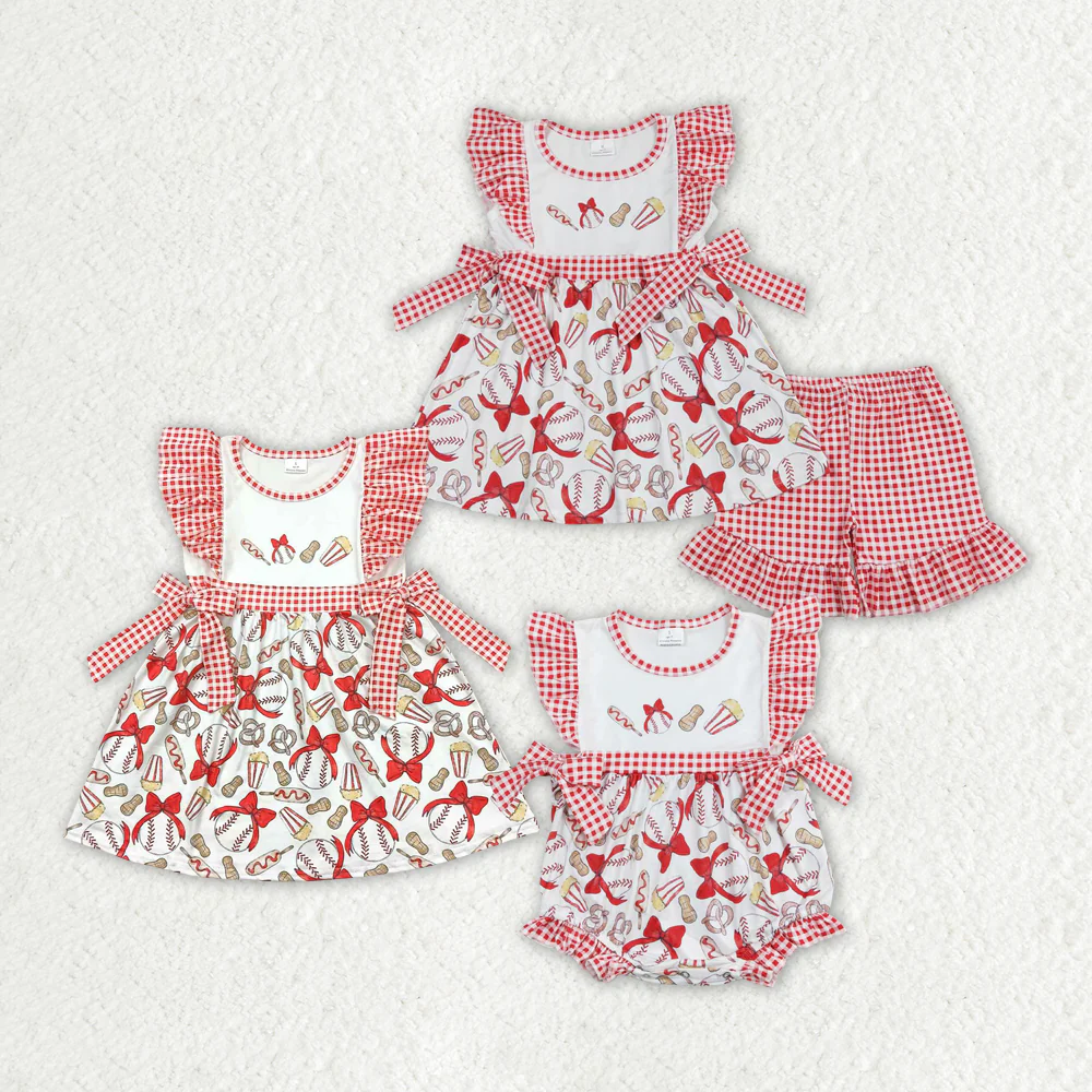 Baby Girls Baseball Bows Sibling Sister Rompers Clothes Sets