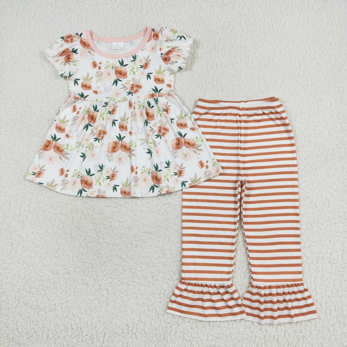 RTS NO MOQ GSPO1570 Flower white short-sleeved orange striped trousers set