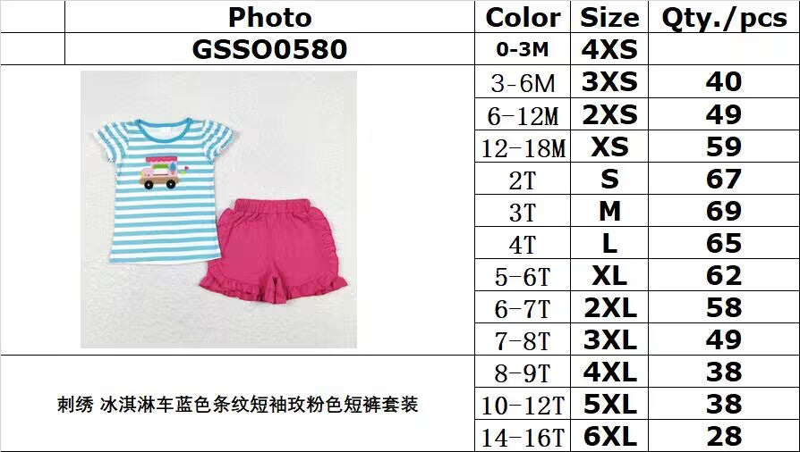 GSSO0580 Embroidered ice cream truck blue striped short-sleeved rose pink shorts suit