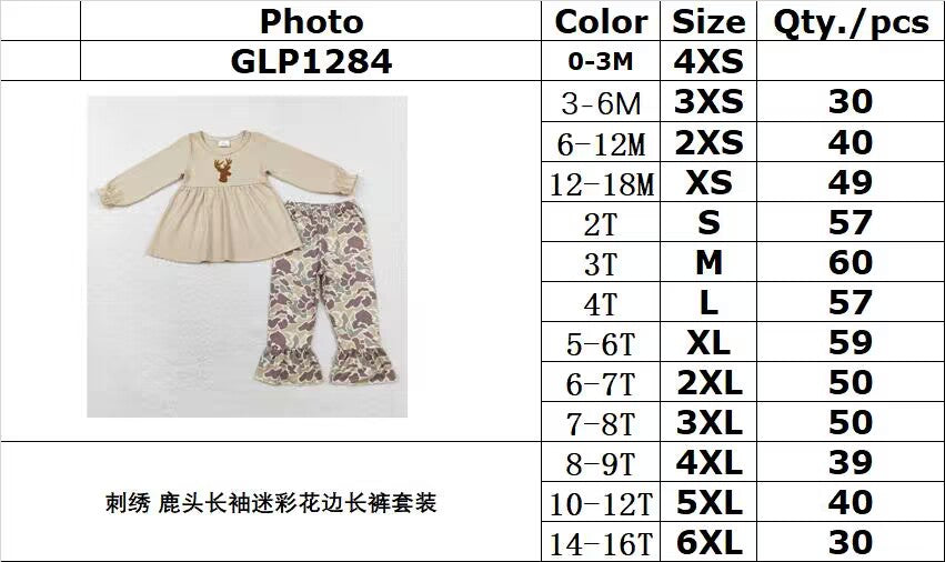 RTS NO MOQ ETA 5/7days Arrived GLP1284 Embroidered deer head long-sleeved camouflage lace trousers set