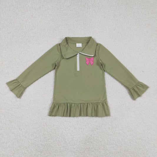RTS NO MOQ（In Stock) GT1272 Embroidered Rose Red Bow Pattern Army Green Lace Zipper Long-Sleeved Top