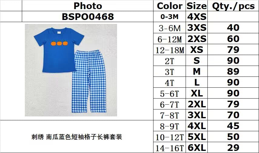 RTS no moq BSPO0468 Embroidered pumpkin blue short-sleeved plaid trousers suit