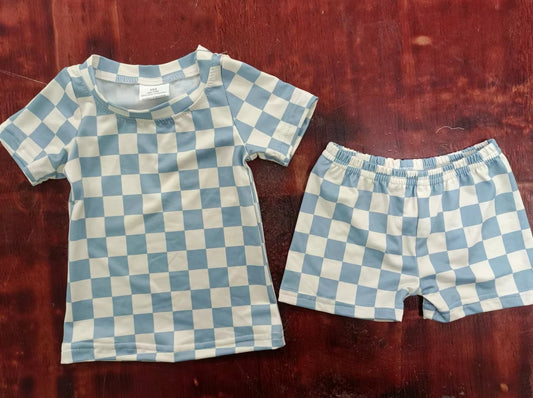 custom moq 5 eta 5weeks mix size summer boys blue and white grid short sleeve shorts sets