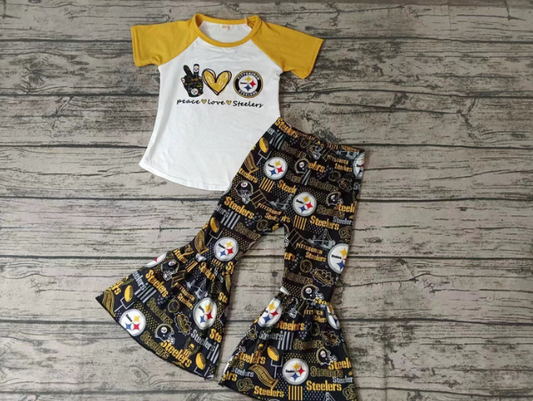 Deadline September  23 custom no moq eta 6-8weeks Yellow and White Short Sleeve Top-Black Flared Pants Set