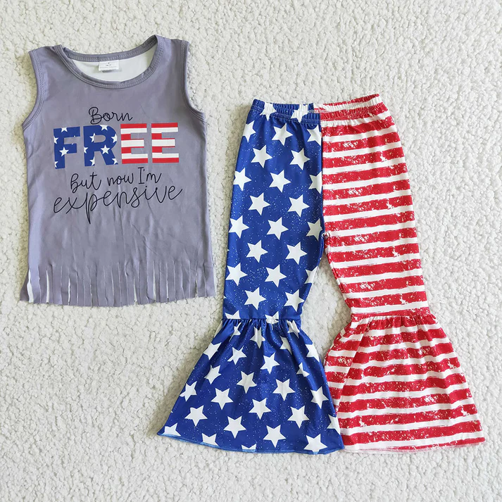 RTS NO MOQ Baby Girl Short Sleeve USA Top Pants shorts Set