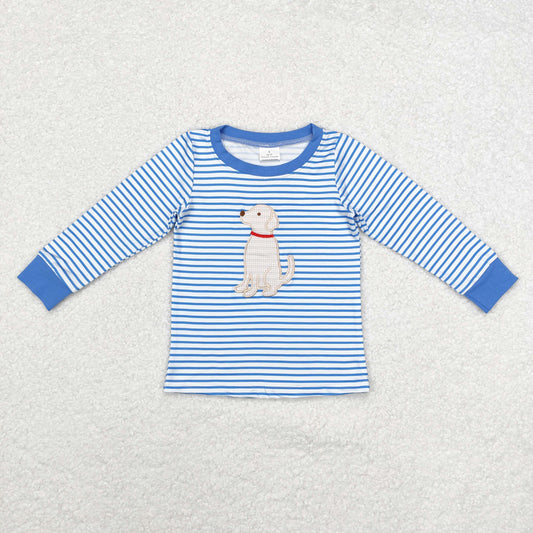 rts no moq BT0808 Embroidery Puppy Stripe Blue and White Long Sleeve Top