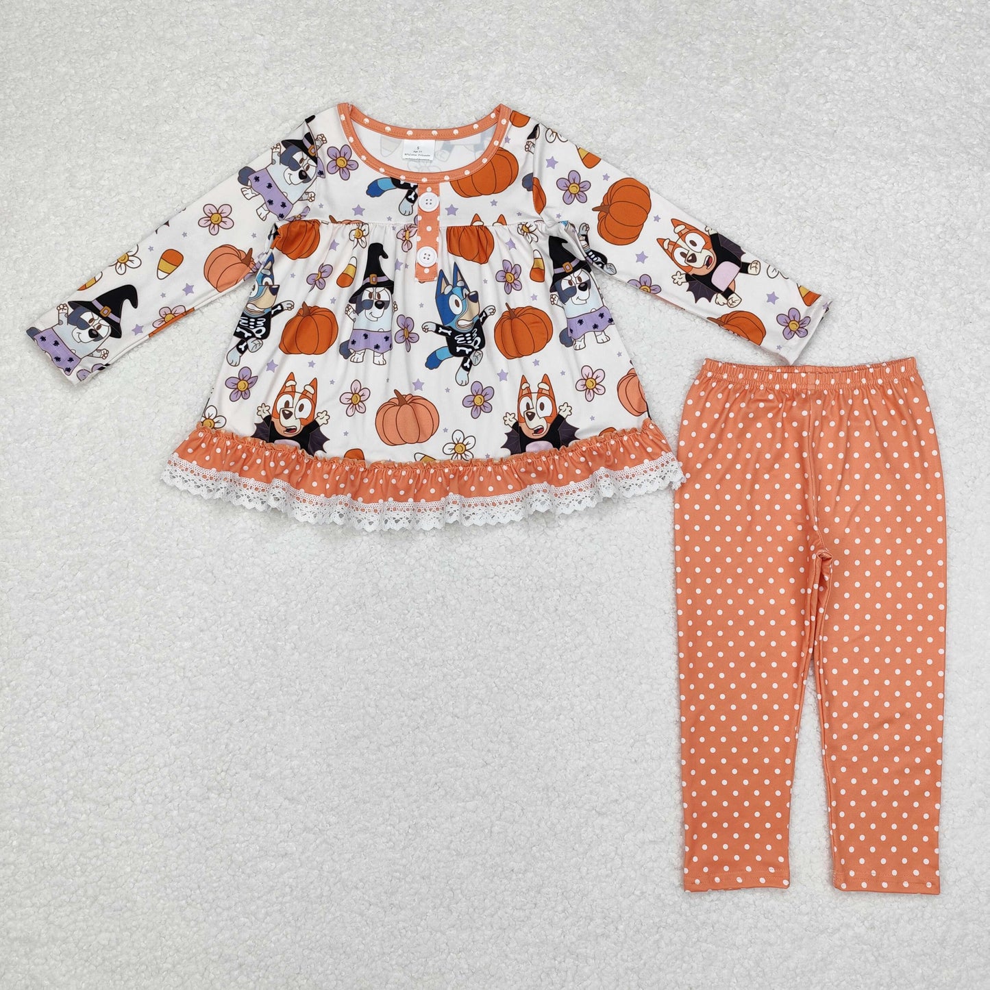 rts no moq GLP1651 bluey Halloween pumpkin flower candy polka dot orange lace long-sleeved trousers set