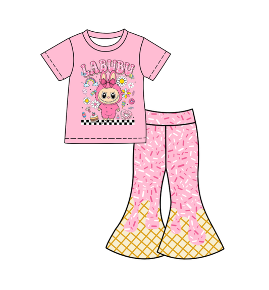 Custom moq 5 mix size milk silk baby girl clothes cartoon pink short sleeve pants sets