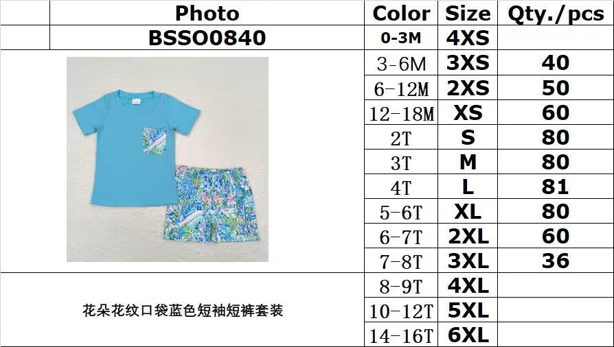 RTS no moq BSSO0840 Flower Pattern Pocket Blue Short Sleeve Shorts Set