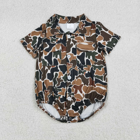 RTS NO MOQ（In Stock) Brown-Green Camouflage Beige Pocket Button-Up Collar Short-Sleeve Jumpsuit