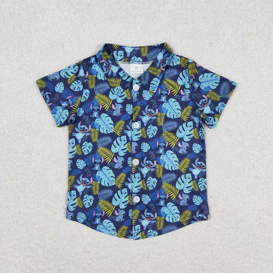 rts no moq BT0608 Cartoon Stitch Leaves Blue Button Short Sleeve Top