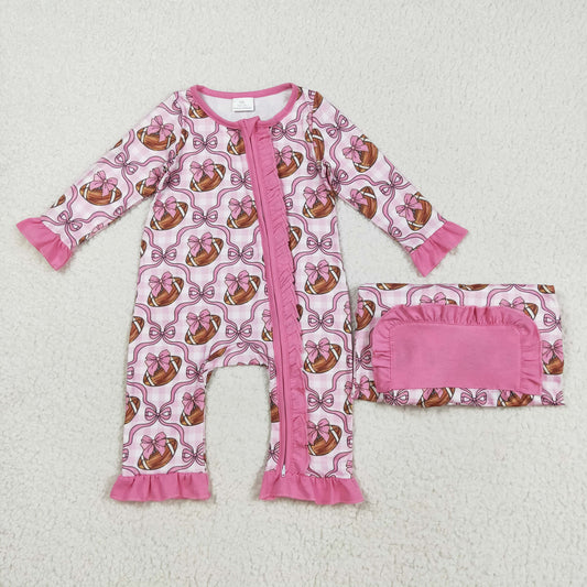 RTS NO MOQ（In Stock) LR2361 Rugby bow pattern pink lace plaid zipper long sleeve jumpsuit
