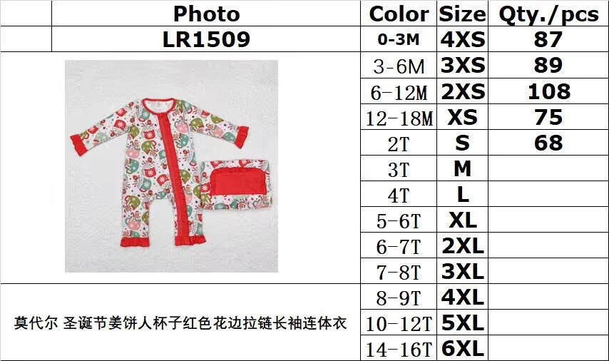 bamboo rts no moq LR1509 Modal Christmas gingerbread cup red lace zippered long-sleeved jumpsuit