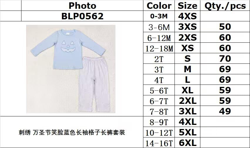 rts no moq BLP0562 Embroidered Halloween smiley blue long-sleeved plaid trousers suit