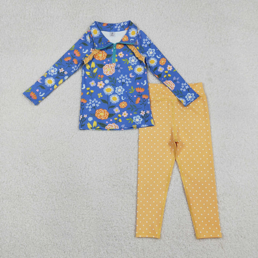 RTS NO MOQ（In Stock) Colorful Flower Royal Blue Zipper Long-Sleeved White Polka Dot Orange Pants Yoga Set