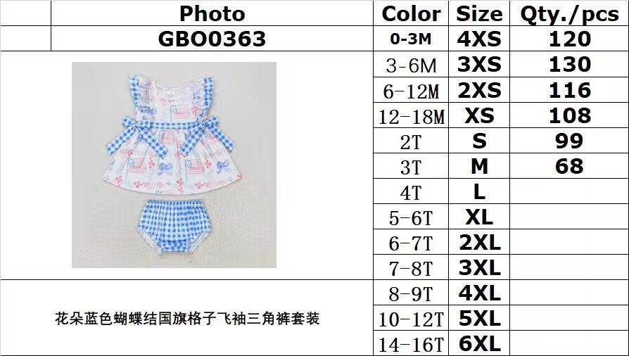 RTS no moq GBO0363 Flower blue bow flag plaid flying sleeve briefs set