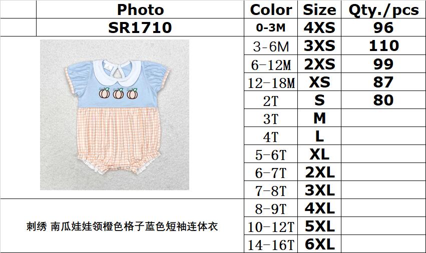 RTS no moq SR1710 Embroidered pumpkin doll collar orange plaid blue short-sleeved jumpsuit