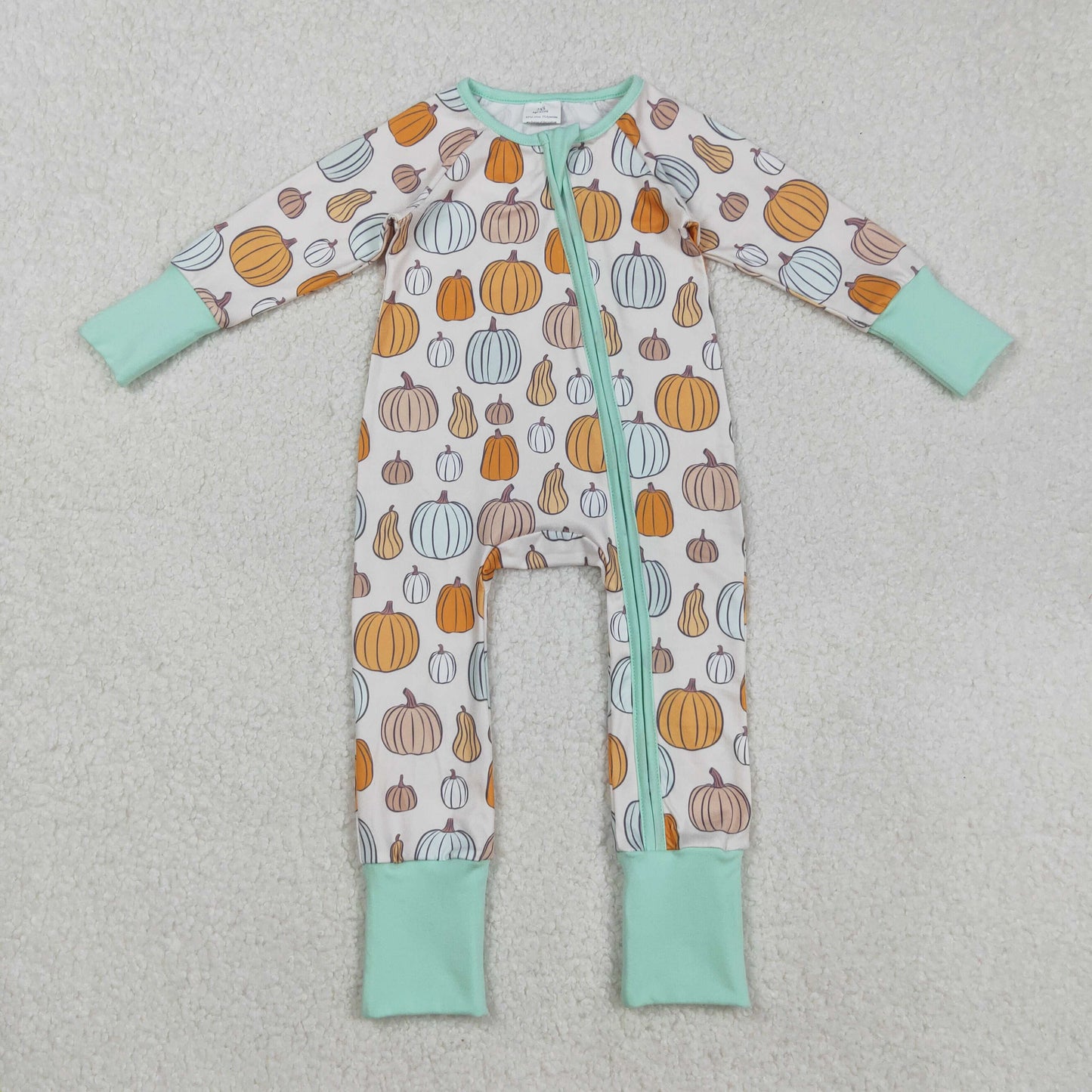 RTS NO MOQ（In Stock) LR2565 Pumpkin pattern beige long-sleeved zippered bodysuit