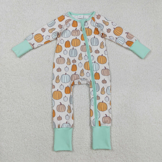 RTS NO MOQ（In Stock) LR2565 Pumpkin pattern beige long-sleeved zippered bodysuit