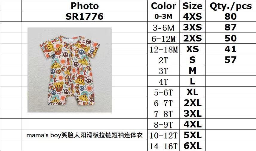 RTS no moq SR1776 Mama's boy smiley face sun skateboard zipper short-sleeved jumpsuit