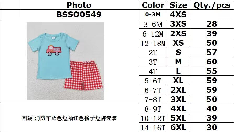 BSSO0549 Embroidered Fire Engine Blue Short Sleeve Red Plaid Shorts Suit