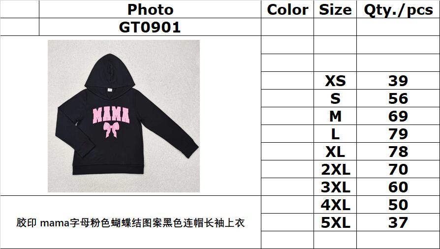 RTS NO MOQ ETA 5/7days Arrived GT0901 Offset mama letter pink bow pattern black hooded long-sleeved top