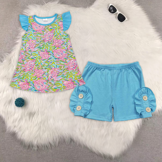 RTS NO MOQ GT0566+SS0191 flower flying sleeve top button sky blue lace shorts sets