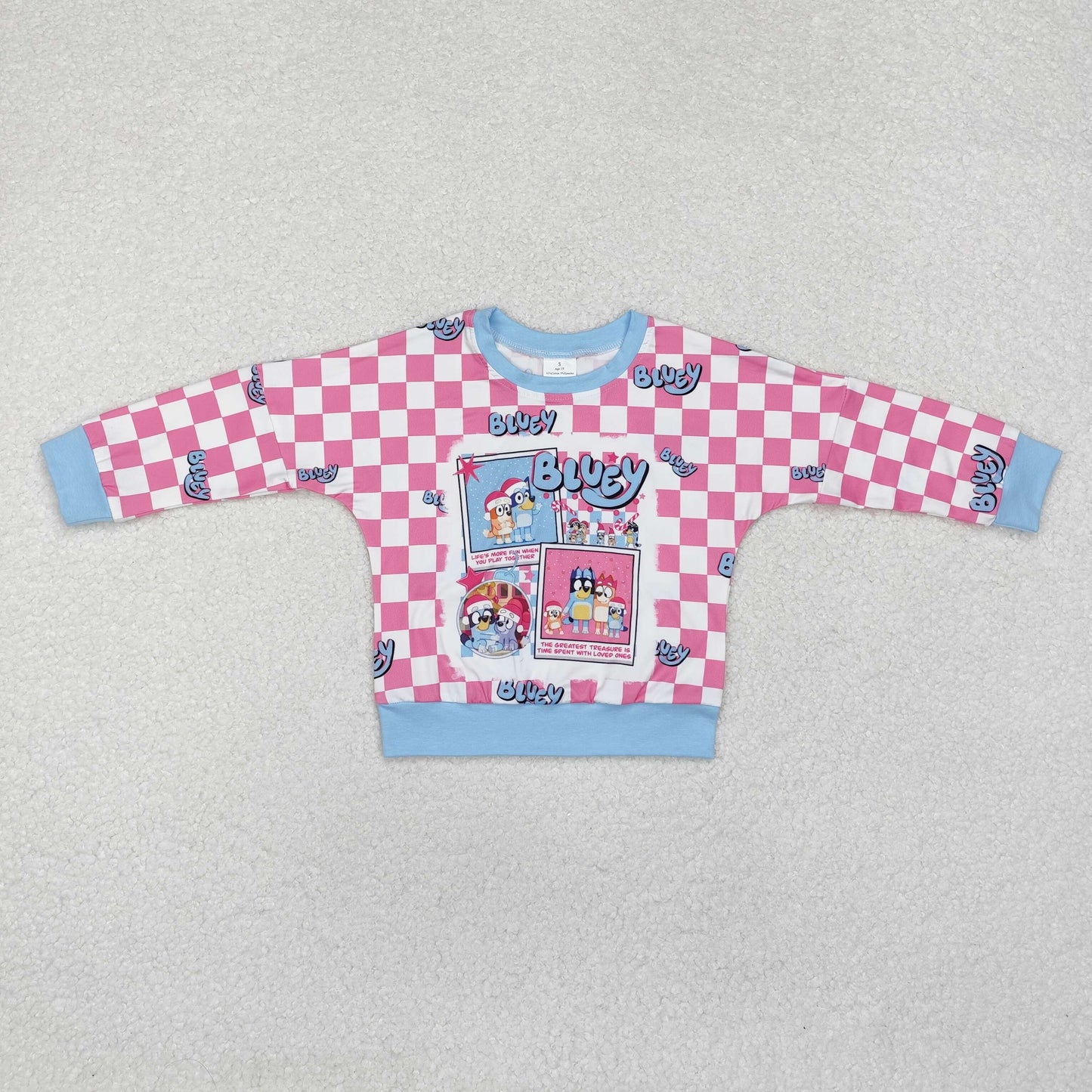 RTS NO MOQ ETA 5/7days GT0732 bluey Christmas pink and white plaid long-sleeved top