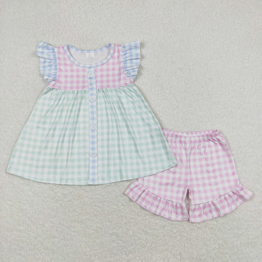 GSSO0744 Pink and green plaid flying sleeve shorts suit