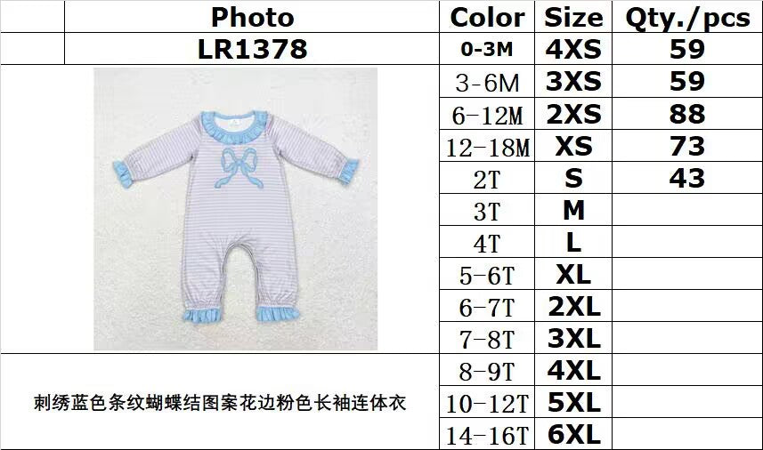 rts no moq LR1378 Embroidered blue striped bow pattern lace pink long sleeve jumpsuit