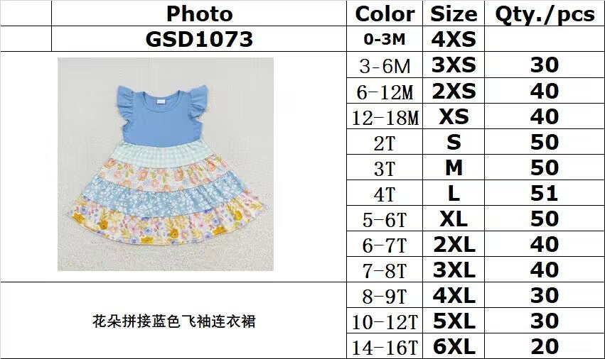 RTS no moq GSD1073 Flower stitching blue flying sleeve dress