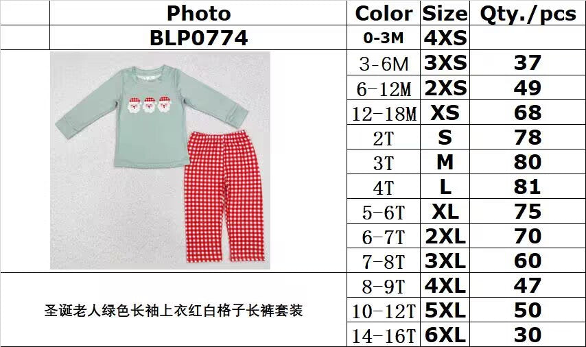 RTS NO MOQ ETA 5/7days BLP0774 Santa Claus green long-sleeved top and red and white plaid trousers set