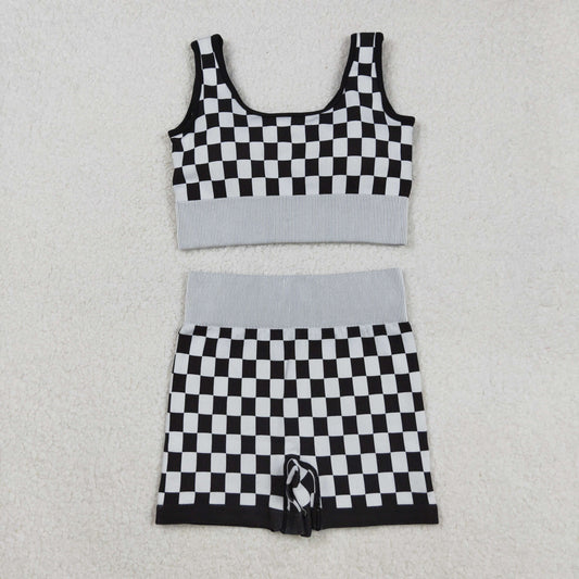 RTS NO MOQ（In Stock) GT1189+SS0644 Adult Women's Black and White Checkered Vest Shorts set
