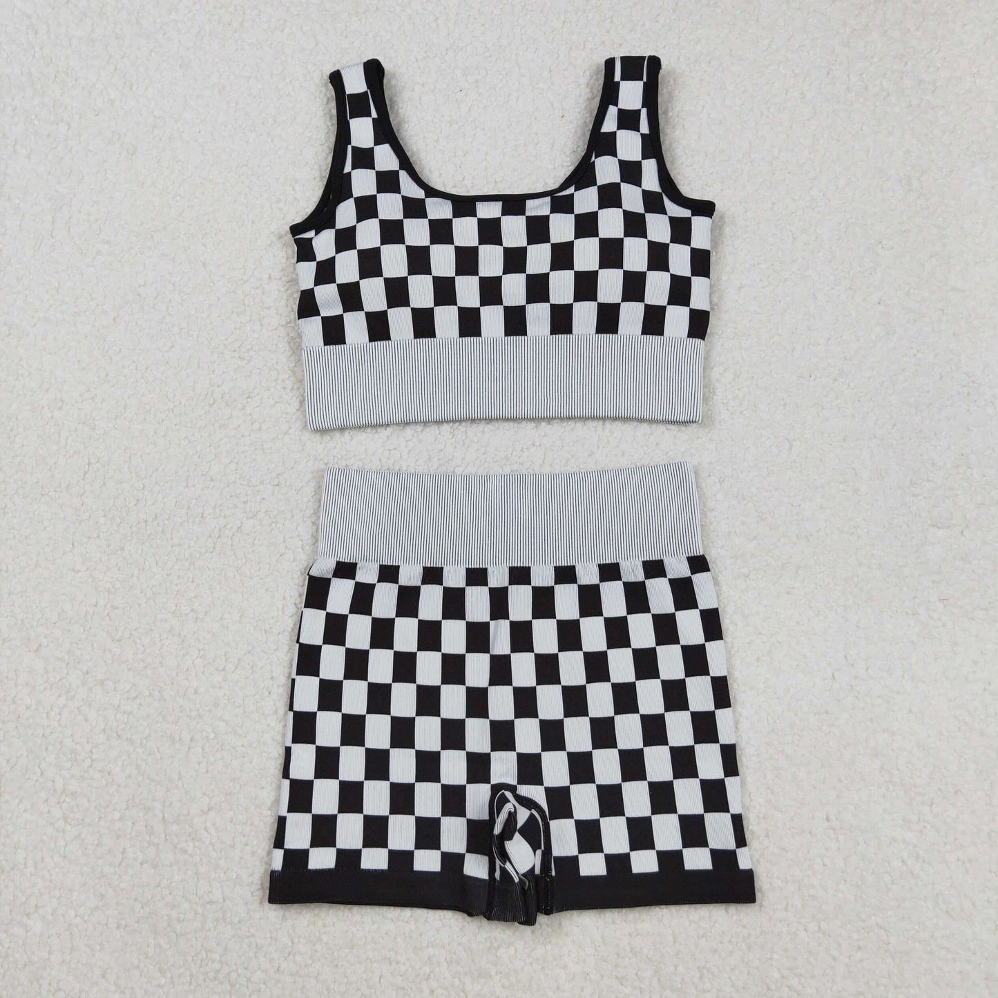 RTS NO MOQ Sibling Adult Women's Black and White Checkered Tank Top and shorts and set