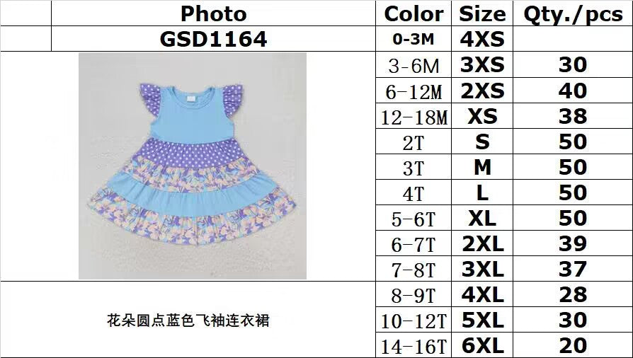 RTS no moq GSD1164 Flower dot blue flying sleeve dress