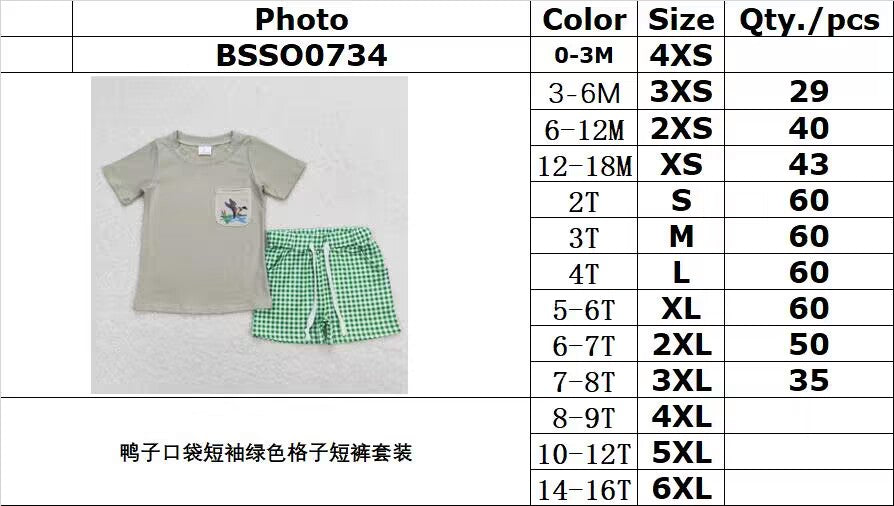 BSSO0734 Duck Pocket Short Sleeve Green Plaid Shorts Suit