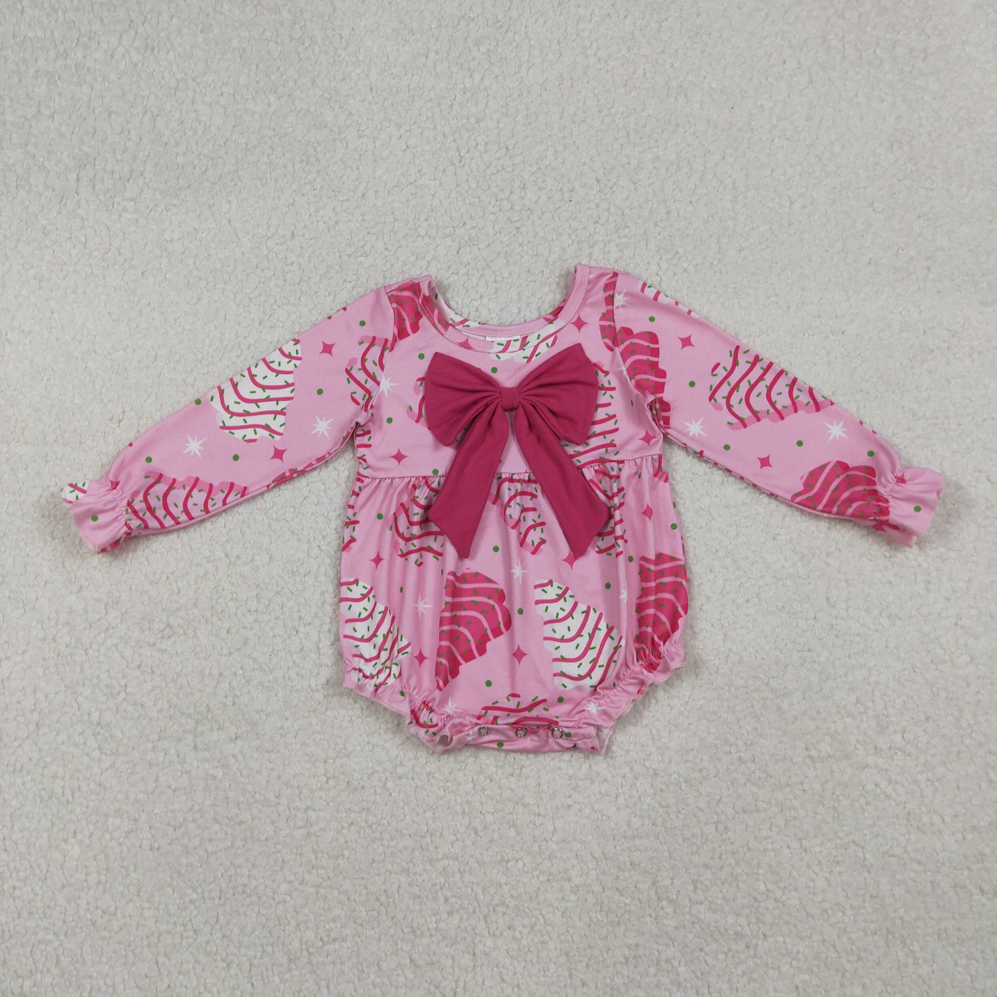 RTS NO MOQ（In Stock) LR2586 Pink long-sleeved bodysuit with a Christmas tree rose and bow