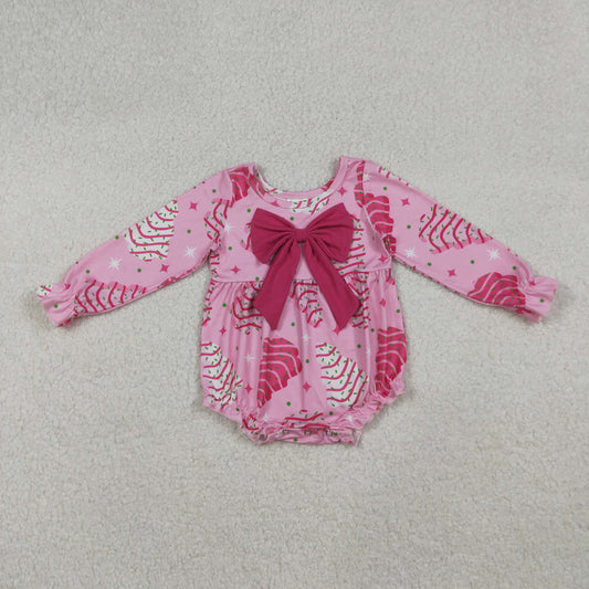RTS NO MOQ（In Stock) LR2586 Pink long-sleeved bodysuit with a Christmas tree rose and bow