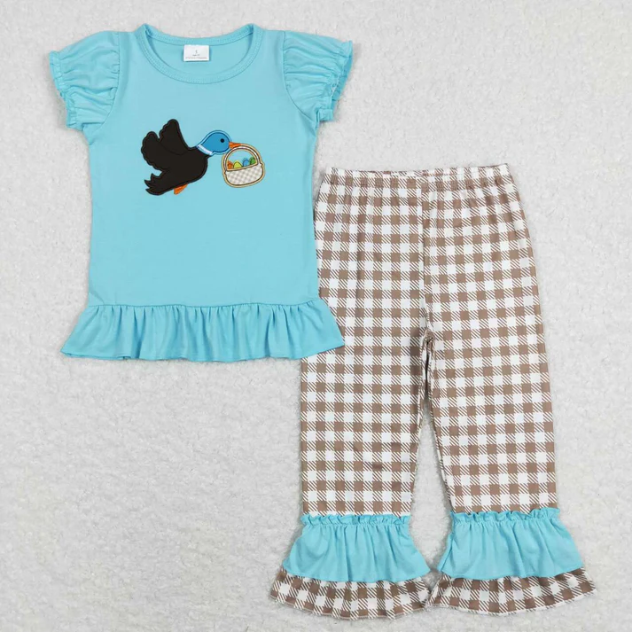 RTS NO MOQ Sibling baby girl boy clothes Embroidered easter duck short-sleeved pants sets