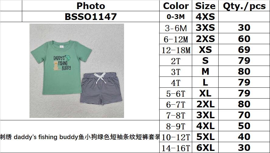 RTS NO MOQ ETA 5/7days Arrived BSSO1147 Embroidered daddy's fishing buddy fish puppy green short-sleeved striped shorts set
