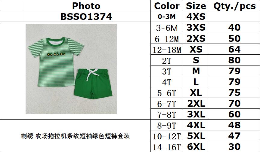 RTS NO MOQ BSSO1374 Embroidered Farm Tractor Stripe Short Sleeves Green Shorts Set