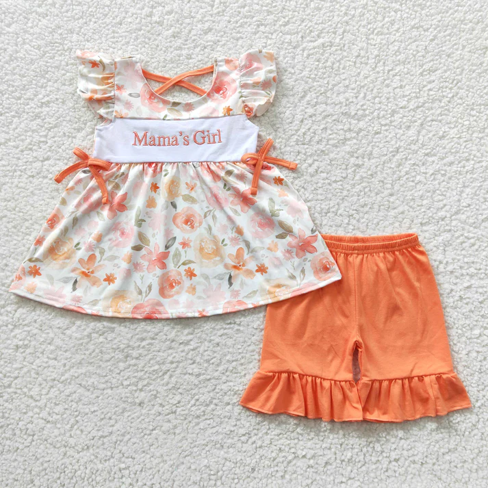 RTS NO MOQ Mommy's Girl Orange Floral Dresses Rompers Clothes Sets