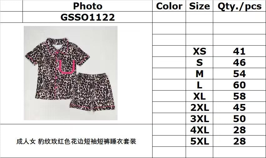 rts no moq GSSO1122 Adult female leopard print rose red lace short sleeve shorts pajama set